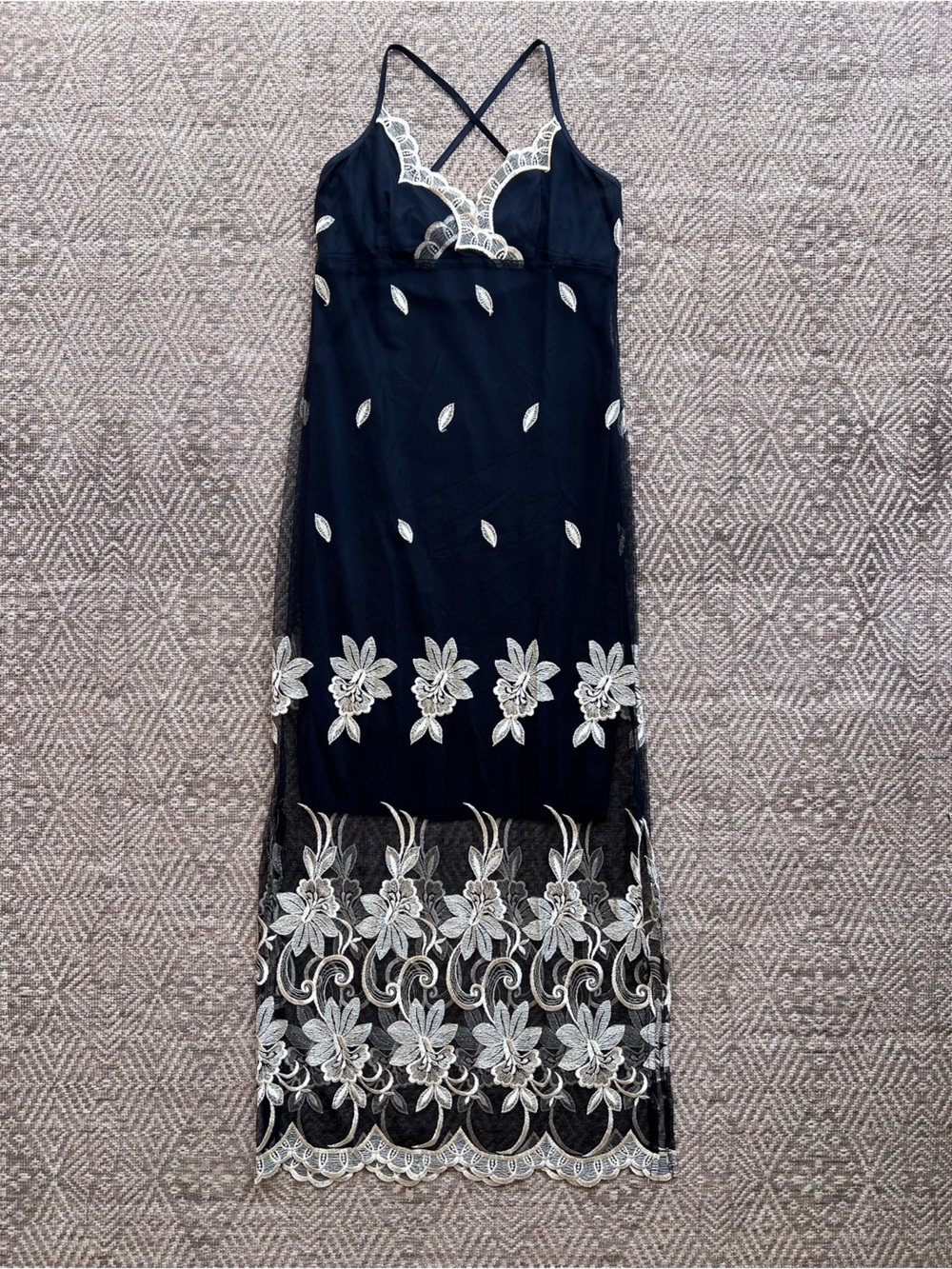 Vintage Carina Black Ivory Embroidered Lace Maxi Slip Dress Witchy L
